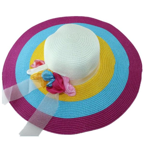 

2020 summer ladies straw hat bow rainbow woven straw hat uv protection bohemian beach ladies sunscreen rainbow cap, Blue;gray