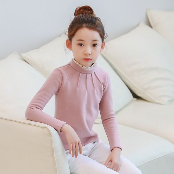 

autumn and winter girls bottoming shirt plus velvet thick korean children's section stand collar bottoming shirt t-shirt, Blue