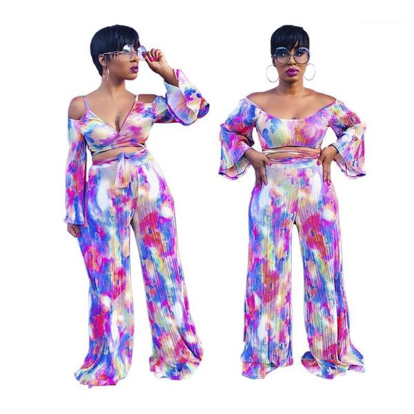 

pants slash neck fashion womens tracksuits women 2 piece outfits fashion tie dye strapless flare sleeve v neck two piece, White