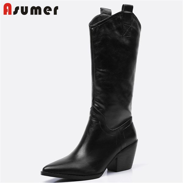 

asumer 2020 european style western boots woman pointed toe slip on autumn winter high heel shoes women mid calf boots, Black