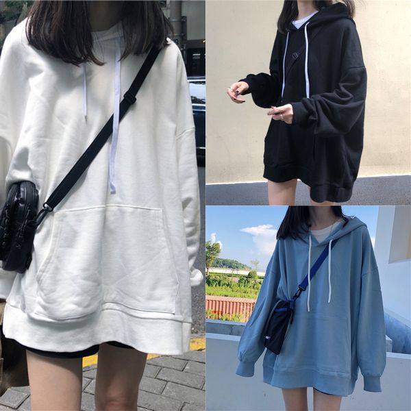 

2020 early autumn thin women's korean-style sweatercoat sweaterstudent loose hooded coat all-match mid-length long sleeve sweater bn, Black