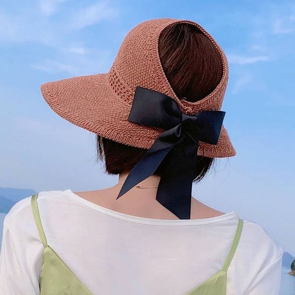 

2020 new empty bow wide brim women's straw summer sun for women lady beach hats foldable sunscreen flat gorras xopr, Blue;gray