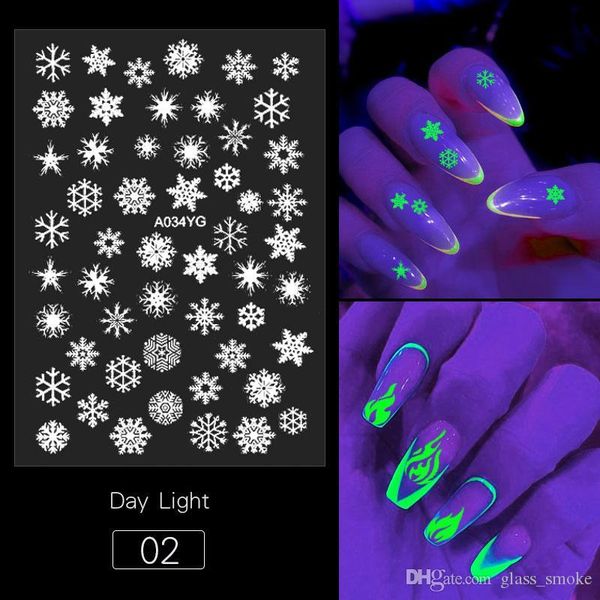 

new pattern 3d butterfly flame snowflowers designs luminous nail art stickers glow in the dark glitter nail decals manicure decorations, Black