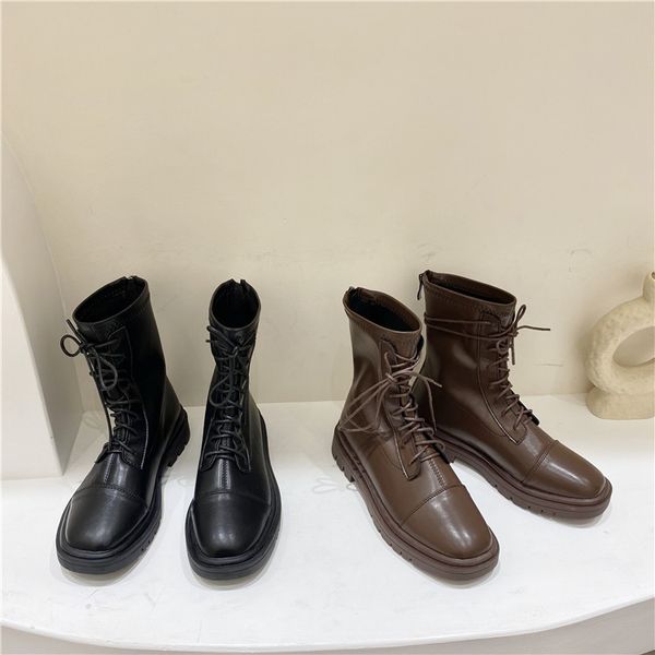 

lace up shoes white ankle boots boots-women round toe leather booties low heels booties luxury designer short 2020 rock rubber, Black