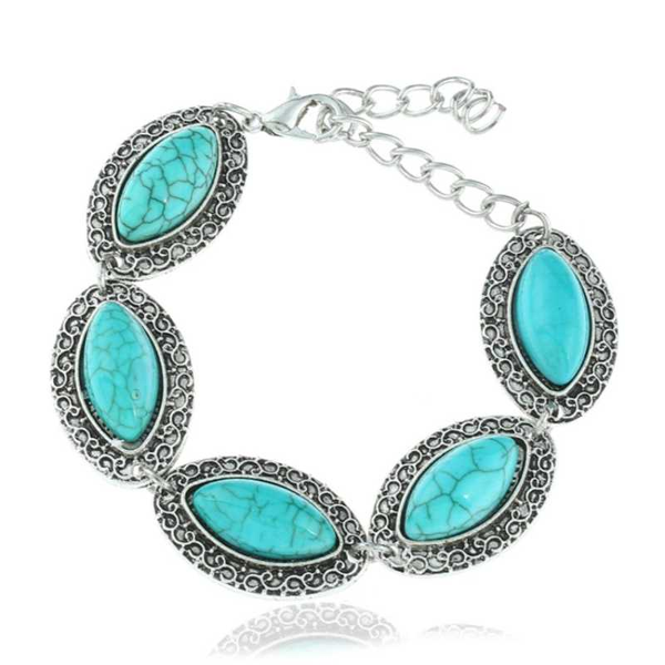 

unique design silver plated alloy stackable marquise shape green turquoises stone bracelet charm jewelry, Black