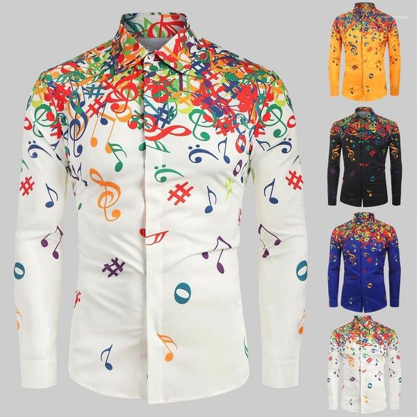 

shirt men casual novelty musical note pattern casual long sleeves shirt blouse male clothing printed, White;black