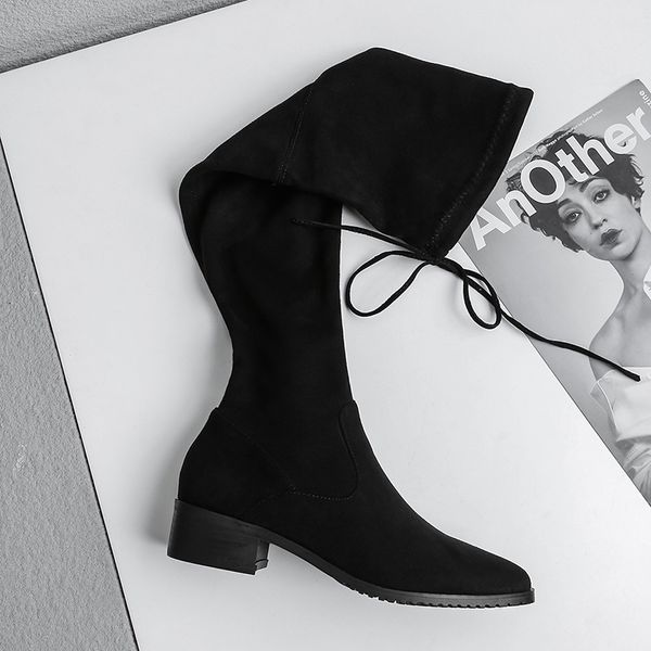 

дамы low квадратные heels женщины над коленом boots черный красный серый остроконечные toe женщина мотоцикла сапоги большого размера 34-43, Black