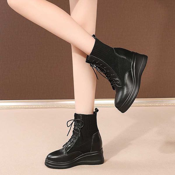 

new genuine leather socks boots women autumn winter lace up ankle boots high heels wedges platform casual shoes woman, Black