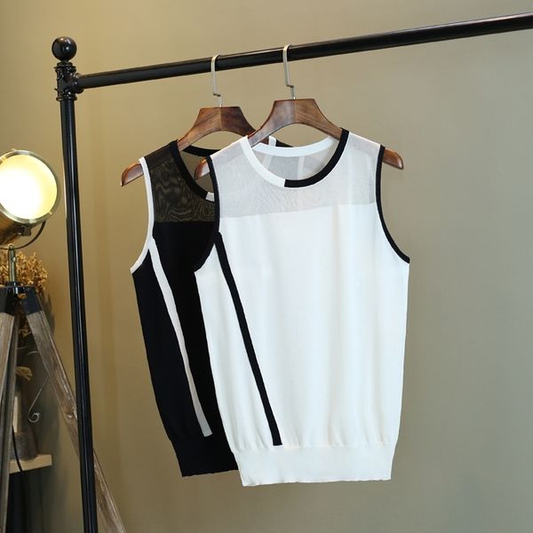 

quzhu vest ice silk 2020 summer women's new sleeveless round neck stretch knitted fashion slim vest short wrdxb, White;black