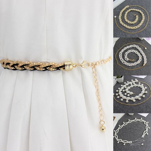 

fashion ladies imitation pearl waist belt chain clothes dress decoration belts waistbands strap all-match belt for party jewelry, Black;brown