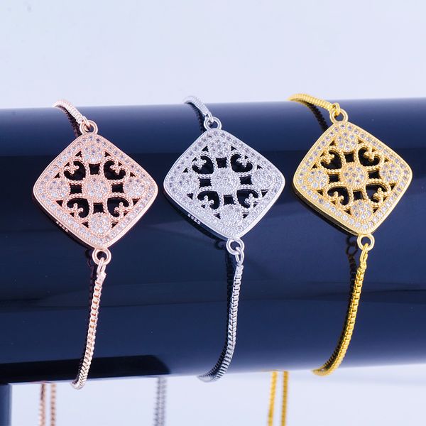 

charm bracelets jewelry bijoux zircon heart flower bracelet femme diy copper micro pave square chain women's pulsera, Golden;silver