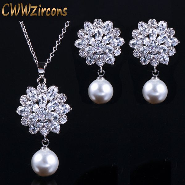 

cwwzircons марка trendy женщин ювелирные изделия перлы высокого качества цирконий кристалл женские оборванными ожерелье и серьги набор t280, Silver