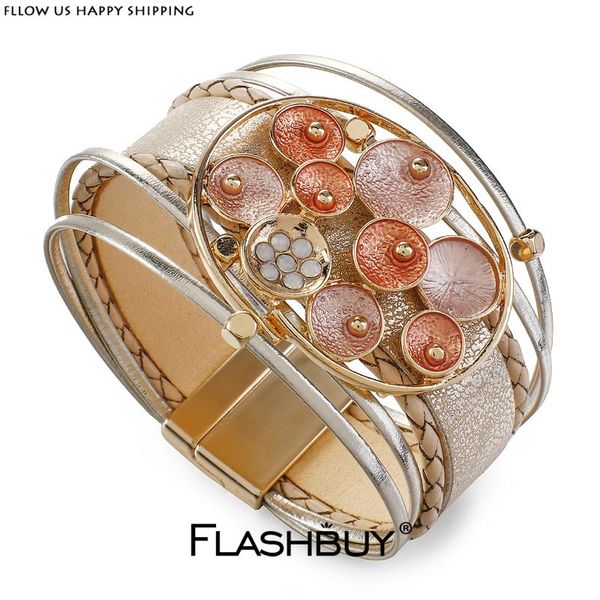 

flashbuy 2020 unique alloy leather bracelets for women simple charms woven wide wrap bangles fashion costume jewellery ins, Golden;silver