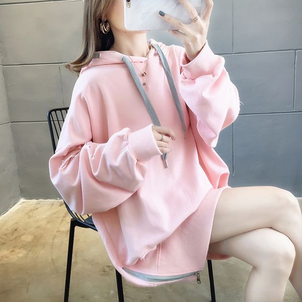 

women's cotton fake two-piece long-sleeved autumn 2020 new loose hole sweatersweater sweater hooded ins trendy large size women's, Black