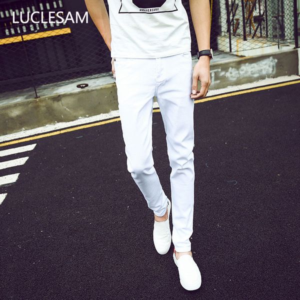 

pure white mens jeans ankle length skinny denim pants male slim fit elastic trousers solid nine points streetwear jean for men, Blue