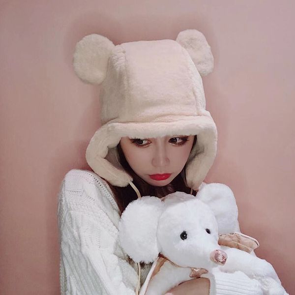 

beanie/skull caps 2021 autumn and winter hat ladies earmuff head bear ear plush warm japanese double-sided lei feng, Blue;gray