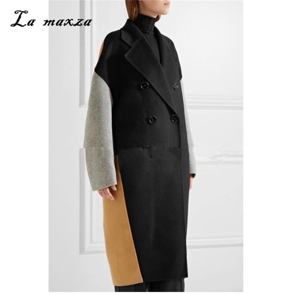

women's wool & blends winter patchwork of long coat oversize fashion elegant double breasted outwear womens, Black