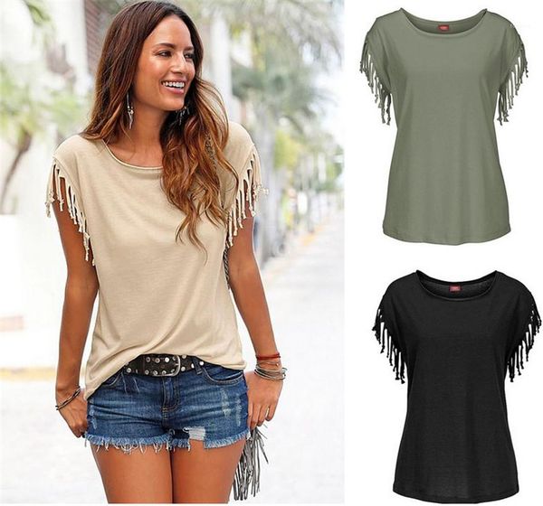 

tassels short sleeve o neck plus size fashion solid color loose woman tees designer women tshirts, White