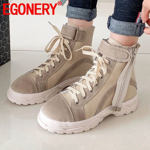 

egonery cool woman booties punk round toe lace-up women's shoes winter apricot 4cm mid heels ankle boots 33-46 plus size boots, Black
