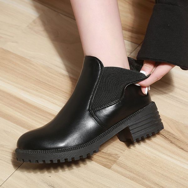 

women slip on ankle boots ladies stretch fabric pu leather cone heels shoes woman fashion footwear female fur casual boots, Black