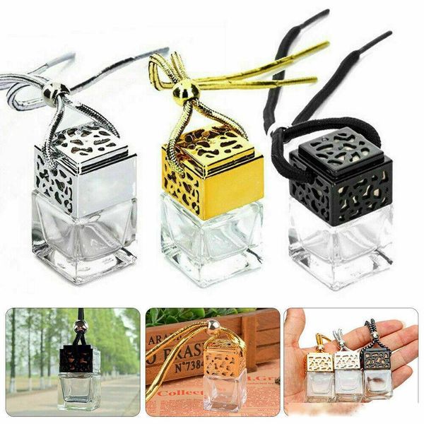 

cube hollow car perfume bottle ornament hanging air freshener for essential oils diffuser fragrance empty glass bottle pendant gh020