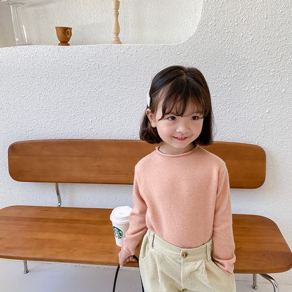 

autumn baby girls candy color knitted round collar long-sleeved sweaters all-match casual base pullovers, Blue