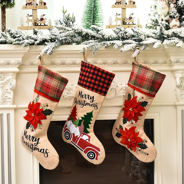 

christmas decoration linen machine embroidered red christmas flower creative cartoon car old man christmas stocking