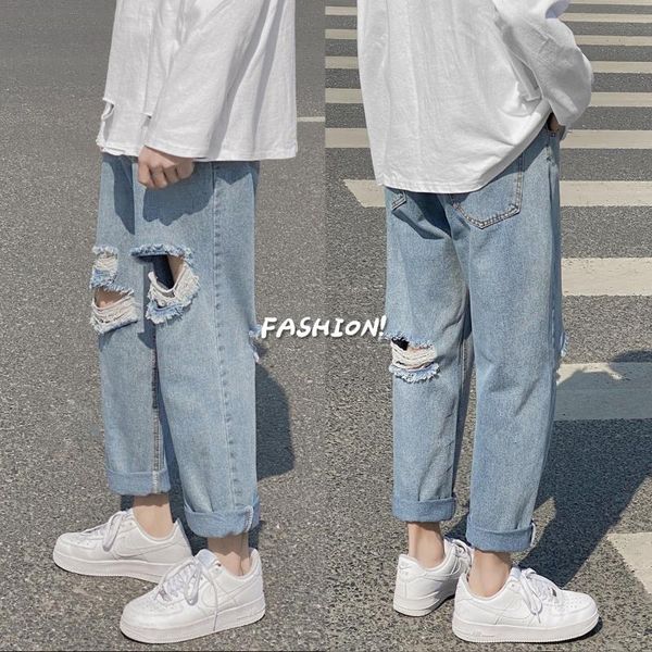 

men's jeans 2021 autumn casual denim front and rear holes ankle-length loose straight youth trendy pants -5xl, Blue