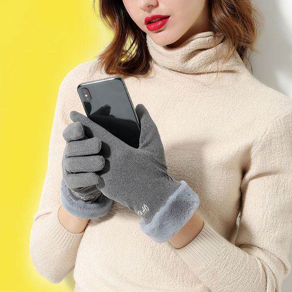 

Winter Five Fingers Mittens French romantic style Driving Gloves Warm Cashmere Charming Thick Touch Screen Plush Wrist Women, Blue;gray