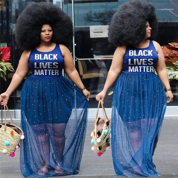 

Mesh Beads Lantern Dress Fashion Female Clothing Summer Womens Designer Plus Size Dress Blue Letter Printed Crew Neck Sleeveless