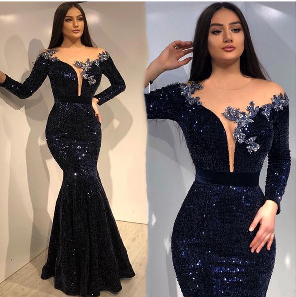 Glitzernde marineblaue Pailletten-Meerjungfrau-Abendkleider, volle Ärmel, Robe de Soiree, glitzerndes langes Trompeten-Abschlussball-Partykleid, modisches formelles Damenkleid