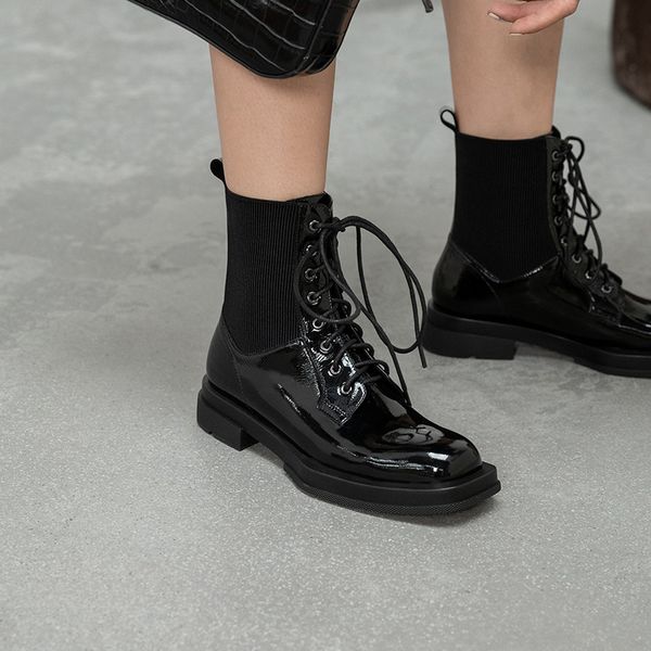 

mordoan genuine cow leather boots women's 2020 autumn british style thick-soled mid-tube boots flat ankle women, Black