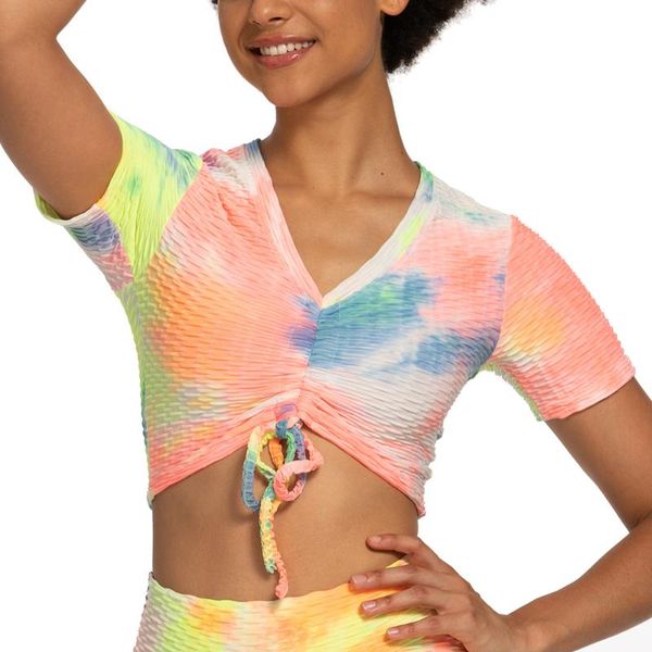 

yoga outfits shirt workout for women gym crop fitness ink tie-dye drawstring thick jacquard short sleeves, White;red