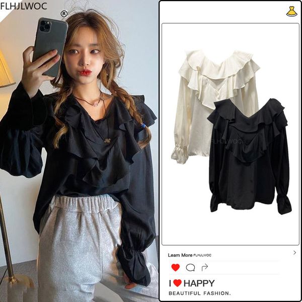 

2020 autumn basic shirts long sleeve cute casual loose back bow tie white black women ruffled chic and blouses