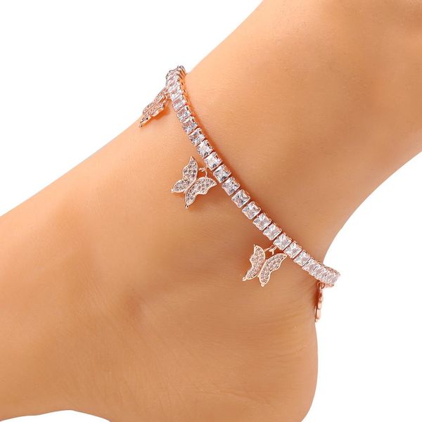 

Hip hop Fashion butterfly tennis chain Cuban Link anklets Anklet Copper Women Female sandbeach Summer brilliant 2020 Body Jewelry