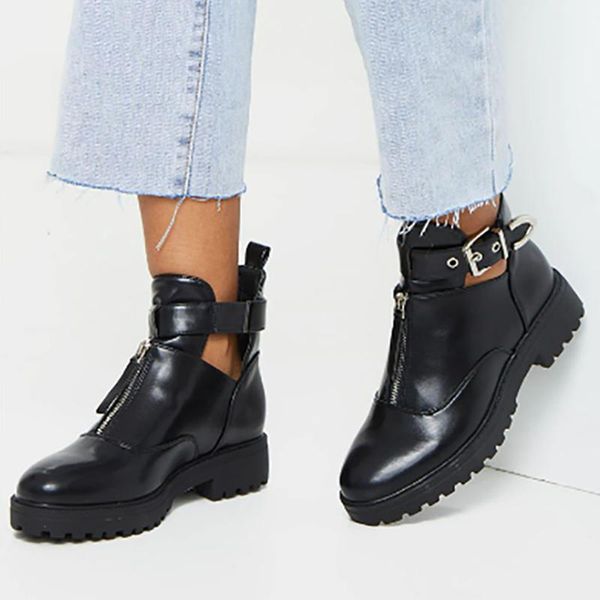 

bonjomarisa ladies feshion zipper buckle ankle boots platform punk combat boots women chunky designer black shoes woman