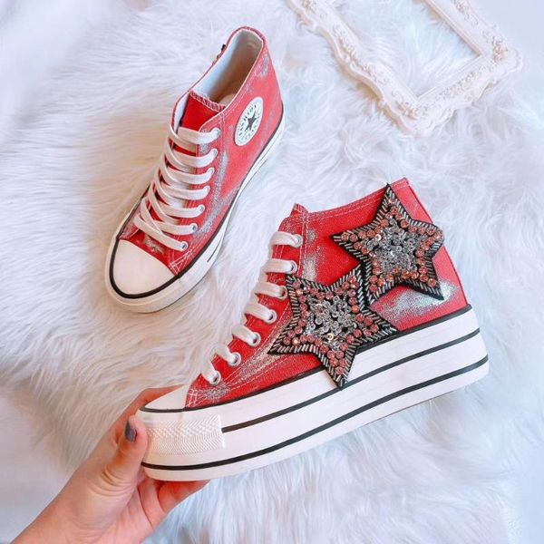 

high leather new original personality diamond five pointed star thick sole high canvas shoes casual sports shoes, Black