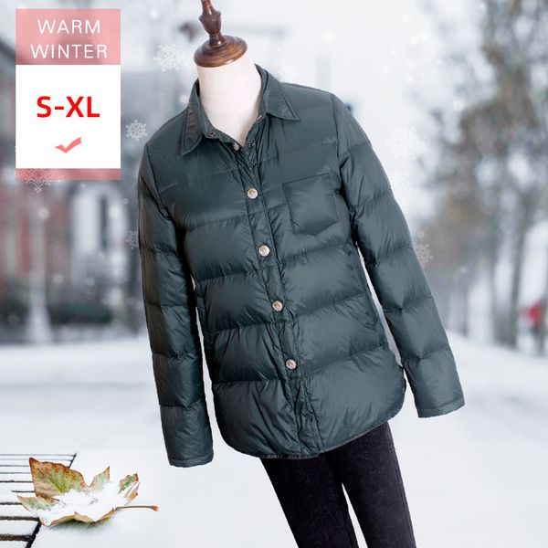 

women's down & parkas women short white duck jacket withturn-down collar female ultral light thin coat covered button soft casual big s, Black