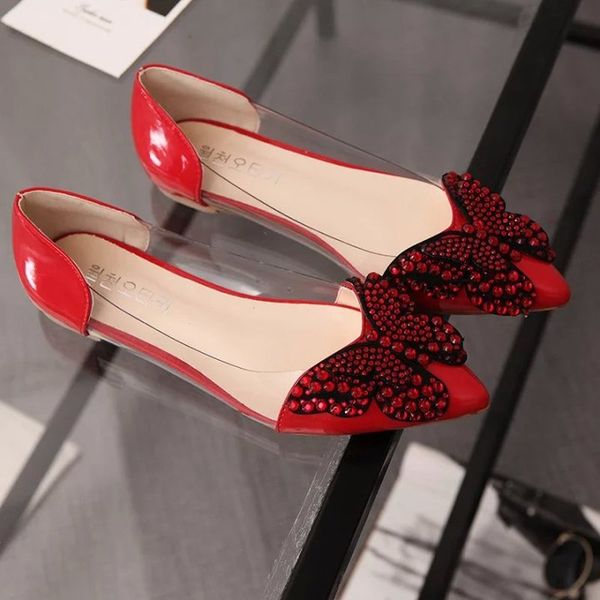 

2020 new sweet bow women flats crystal sides transparent clear women shoes spring summer pointed toe lady loafers, Black