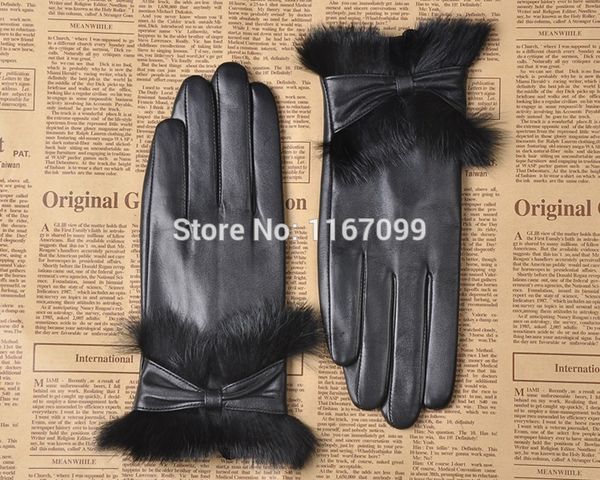 

new black genuine leather gloves with fur for girl glove bow ing, Blue;gray