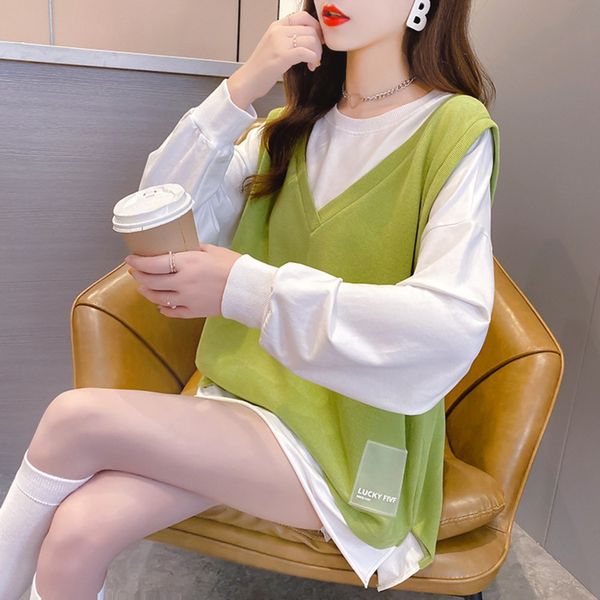 

2020 осень женский свитер sweaterkorean стиль все-матч с длинными рукавами свитер женский жир mm большой размер свободный поддельные из двух, Black