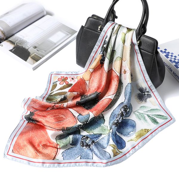 

2020 women small square scarf plant print silk scarves and wrap floral ladies retro spring summer office hair neck foulard t200910, Blue;gray