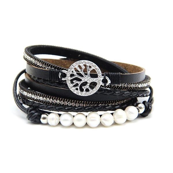 

leather bracelets for women alloy magnetic clasp hollow tree pearl multilayer wrap fashion women bracelet bangle armband jewelry, Golden;silver