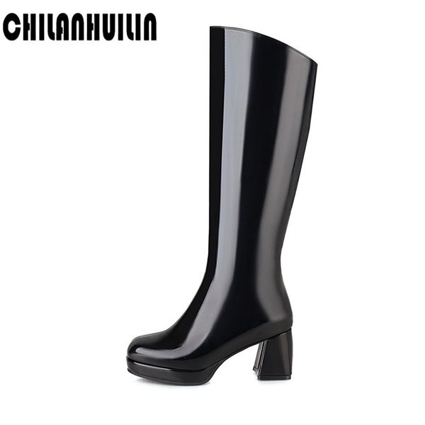

new women knee high boots patent leather waterproof riding snow boots white black party fetish women's shoes autumn winter