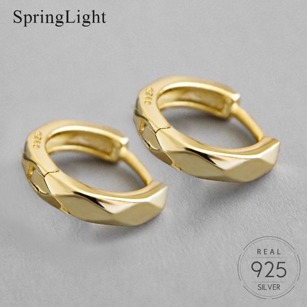 

springlight simple diamond lattice tiny hoop earrings real 925 sterling silver handmade fine jewelry earrings for women, Golden;silver