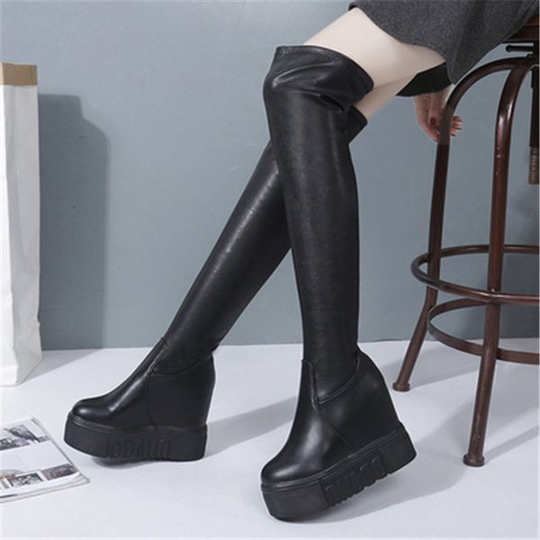 

2020 fashion woman leather over the knee boots height increasing round toe women shoes autumn winter wedges casual long boots, Black