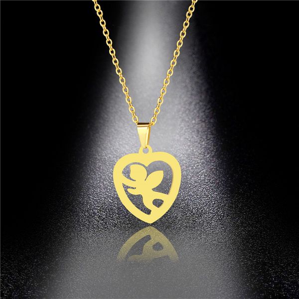 

pendant necklaces korean fashion titanium steel heart-shaped little angel necklace female 316 stainless love short clavicle chain, Silver