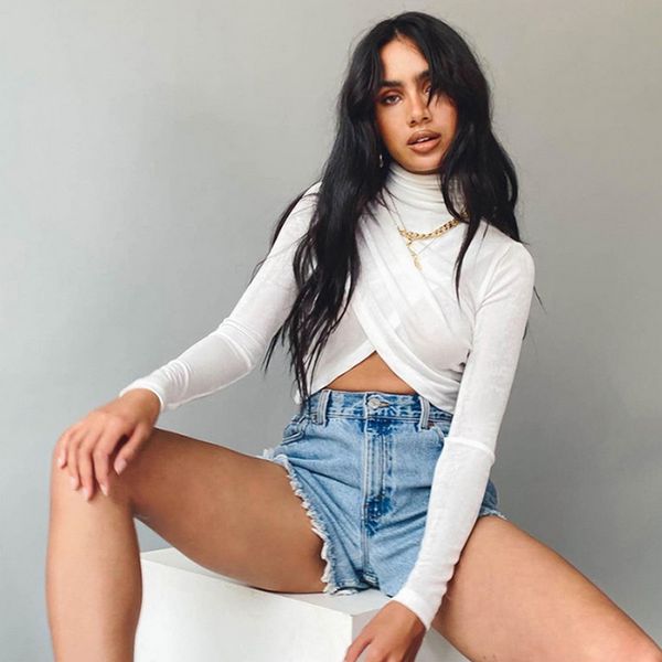 

women's t-shirt autumn high neck solid color womens short elegant fashion long sleeve frill irregular creative slim navel 2021, White
