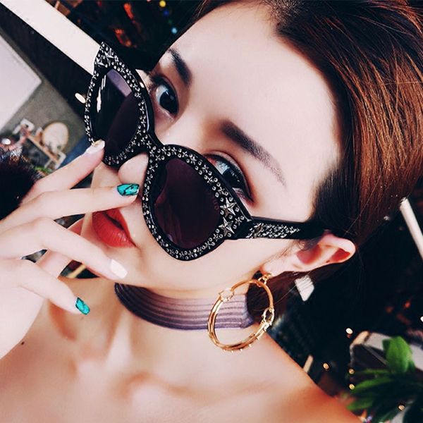 

luxury imitate crystal cat eye sunglasses women brand design retro pentagram women sunglasses hollow eyeglasses uv400, White;black