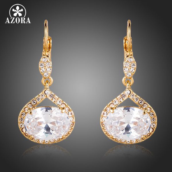 

azora gold color + cubic zirconia egg shaped surround tiny crystal drop earrings te0146, Silver